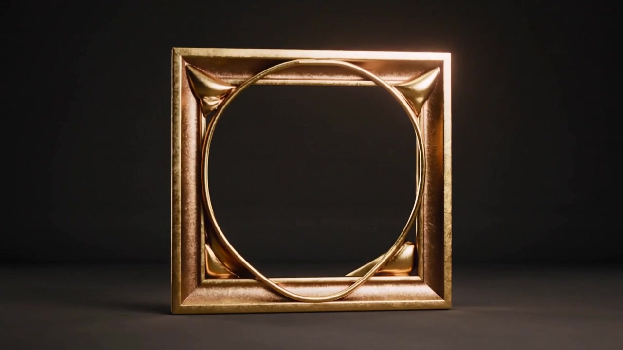 Orbiting camera revealing metal membrane morphing inside gold square frame in studio, showing form