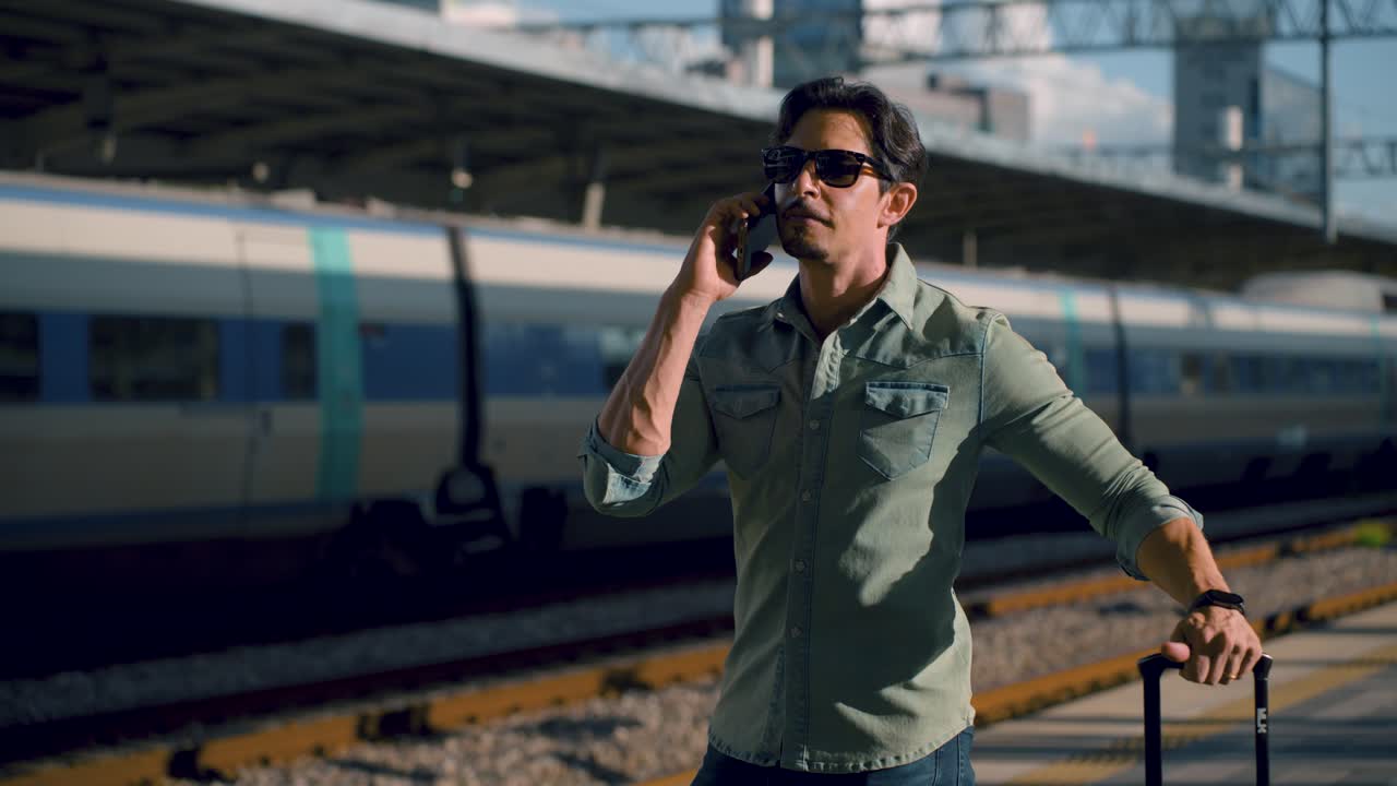 Stylish man with phone to ear peeks over to see train schedule on platform at Seoul train station, South Korea, solo traveler with bag