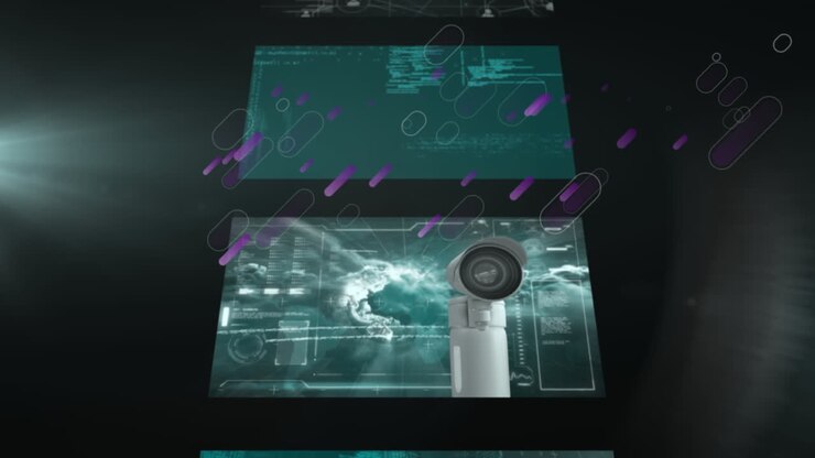 Animation of purple light trails over 5g text and screens with data processing