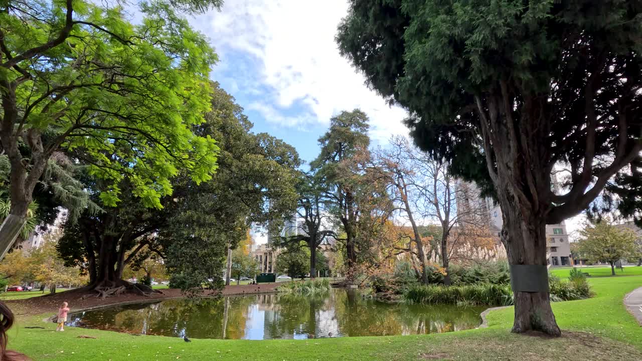 parque de la ciudad con estanque y árboles