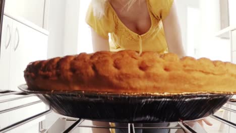 young woman putting a baking pan with sweet food to bake in oven