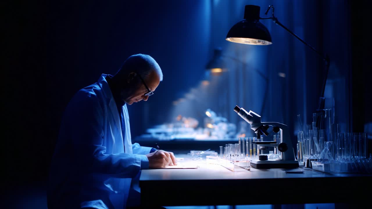 A meticulous scientist captures the essence of research in a dimly lit laboratory, diligently documenting discoveries with precision and focus under the glow of powerful lamps
