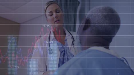 animación de múltiples gráficos con números cambiantes, diversas mujeres médicos chequeando el cuello del paciente