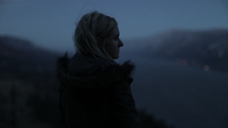 pensive woman overlooking a vast, dark landscape