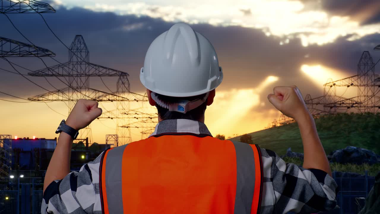 Close Up Back View Of A Male Engineer With Safety Helmet Raising His Hands Celebrating While Working Near High Voltage Tower