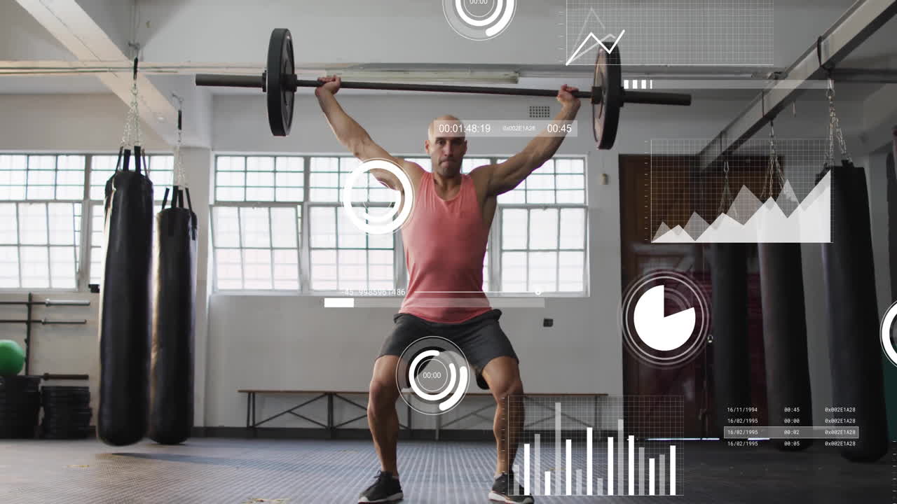 체육관에서 웨이트 바를 들어올리는 백인 남성에 대한 데이터 처리 및 다이어그램의 애니메이션