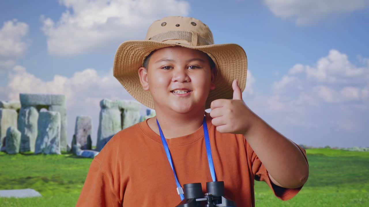 Asian Boy With A Hat And Binoculars Showing Magnifying Glass And Thumbs Up Gesture To Camera. Boy Researcher Examines Something While Traveling In Stonehenge, Travel Adventure, Close Up