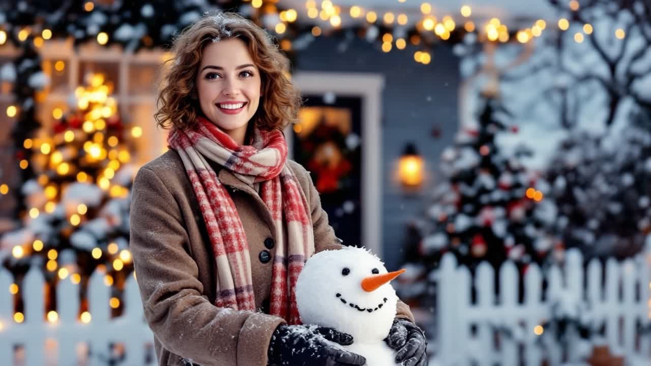 Smiling woman dressed in a warm winter coat and scarf stands next to a cheerful snowman in a snowy outdoor environment, surrounded by twinkling lights and holiday decorations