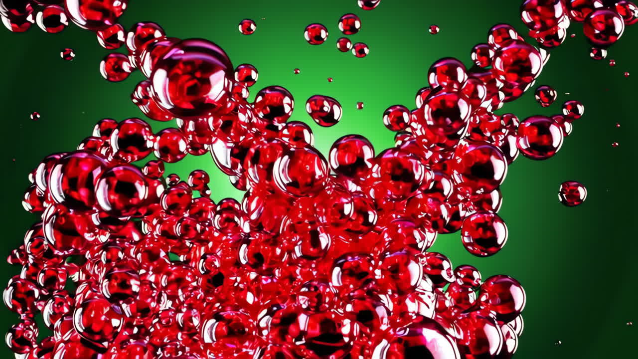 Red Bubbles in Motion on Green Background