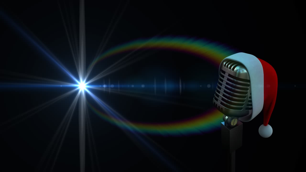 검은 바탕에 산타 모자에 빛과 빈티지 마이크의 애니메이션