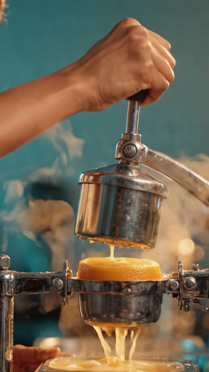 Freshly Squeezed Citrus Juice Extraction Process Captured in Two Frames Showcasing Skillful Hand Techniques and Delicious Natural Beverage Creation.