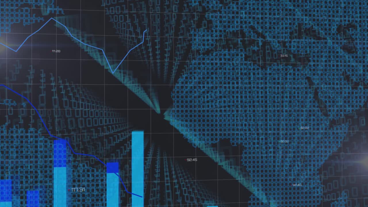Animation of statistics and lines recording over world map and numbers changing