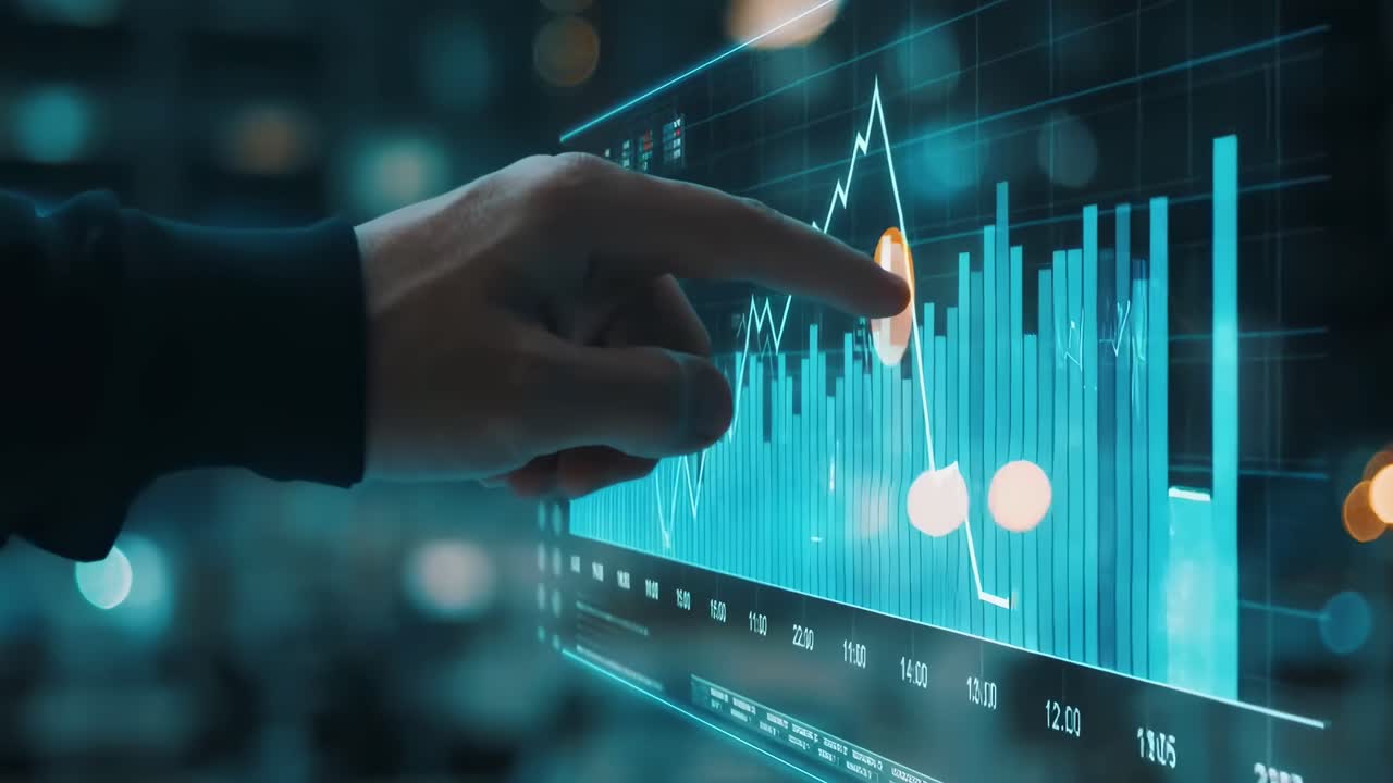 Nærbilde av en hånd med digitale grafer, futuristisk videostil.