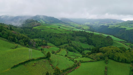 aerial green hills nature cloudy summer day. forest terrain slopes environment