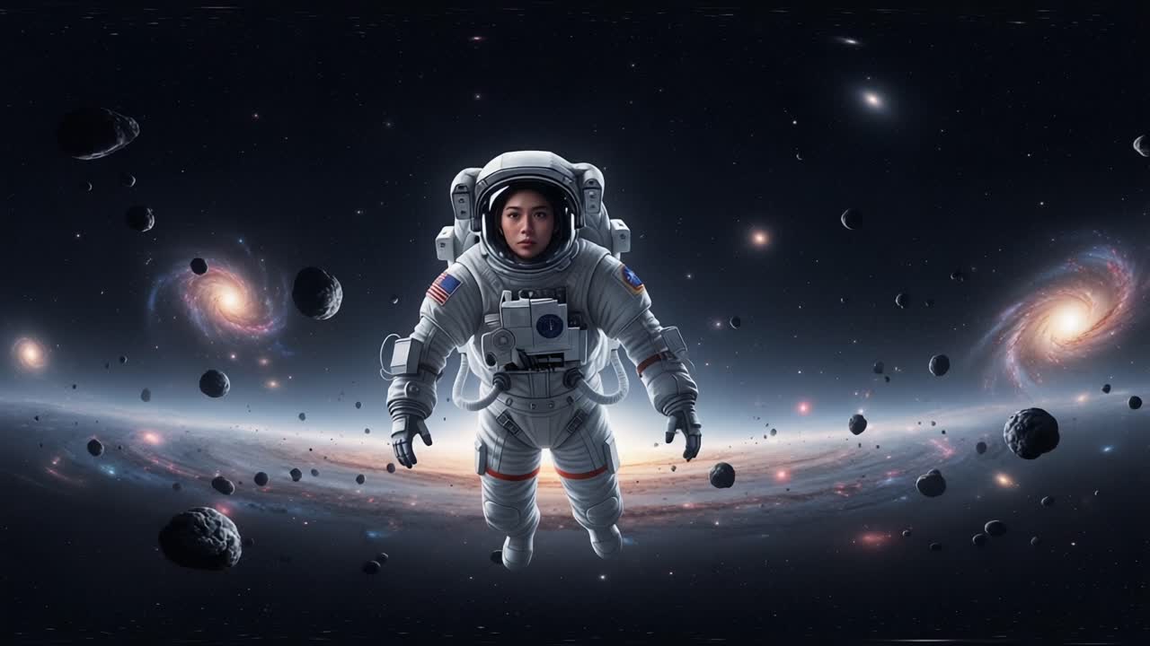 An astronaut in a stunning cosmic scene, floating among stars, planets, and galaxies, showcasing the wonders of space exploration and the mysteries of the universe