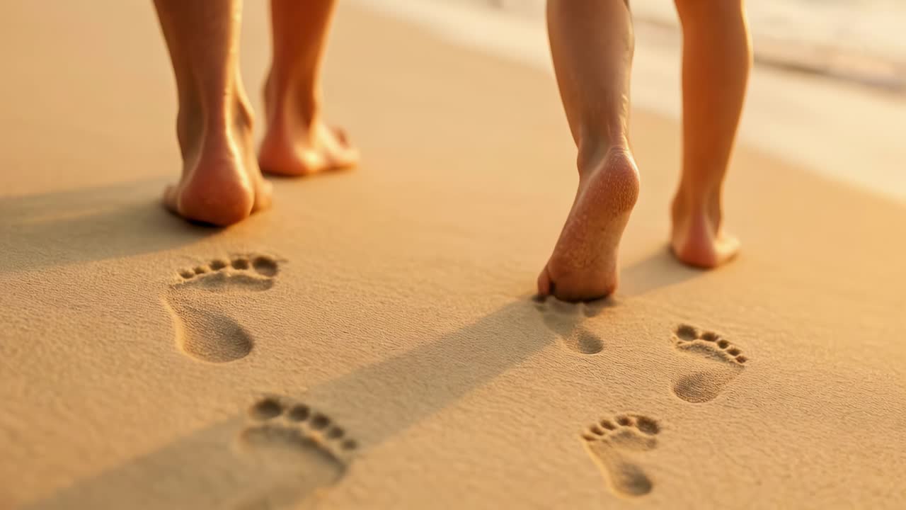 Low-angle video frame capturing two people walking barefoot on a sandy beach, leaving footprints