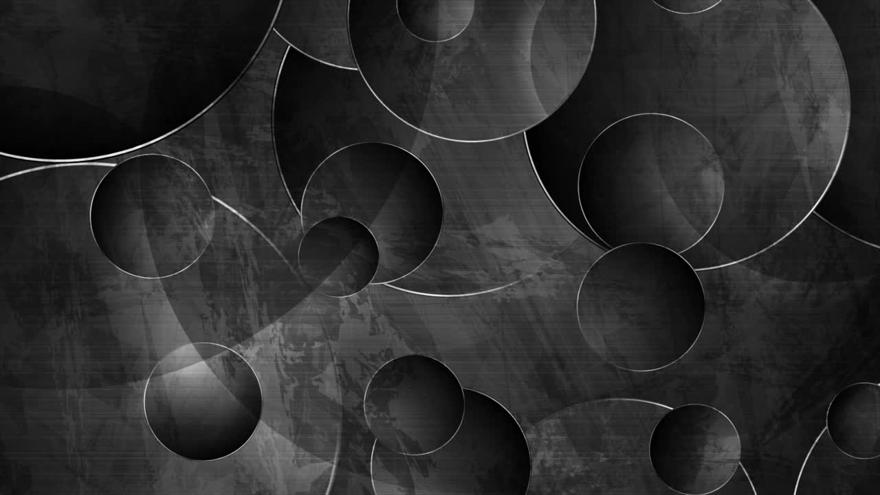 Black grunge geometric circles with grey silver outlines video animation