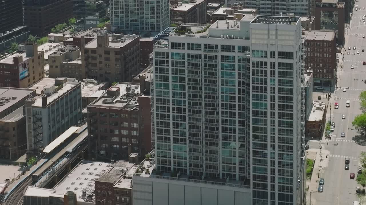 Aerial view of vibrant Chicago neighborhood with railway and buildings