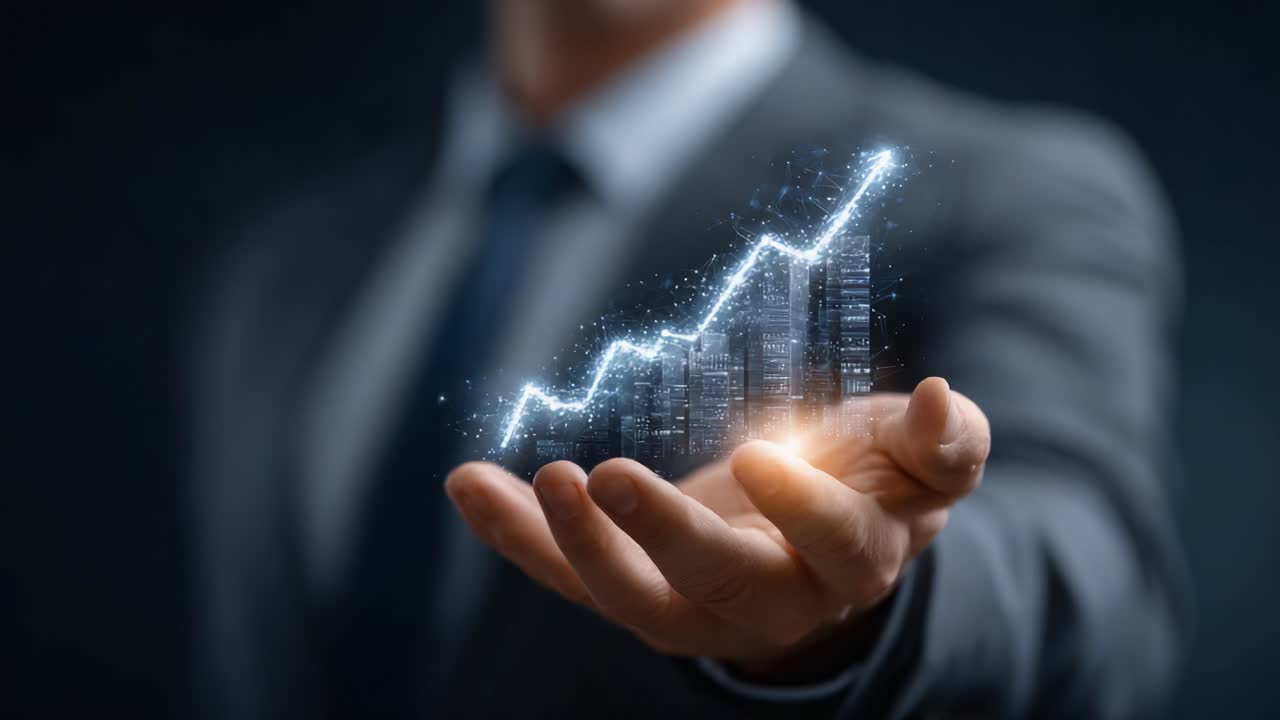 A Business Professional Displays a Graph with Rising Trend Indicators, Symbolizing Growth and Success in a Modern Corporate Environment