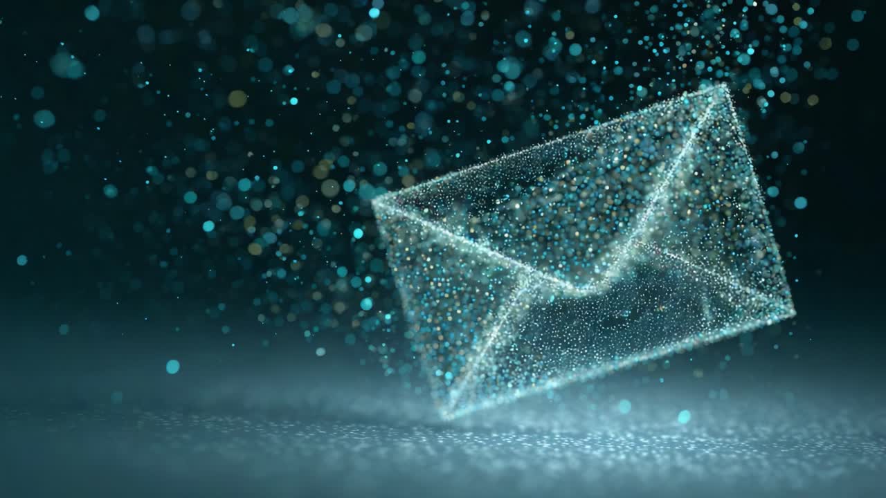 A sparkling, translucent envelope floats gracefully amidst a cascade of shimmering particles, embodying themes of communication and digital connectivity in a visually mesmerizing manner