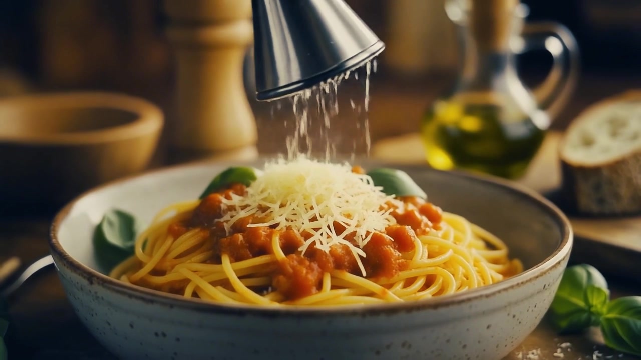 Parmigiano grattugiato che cade su spaghetti freschi