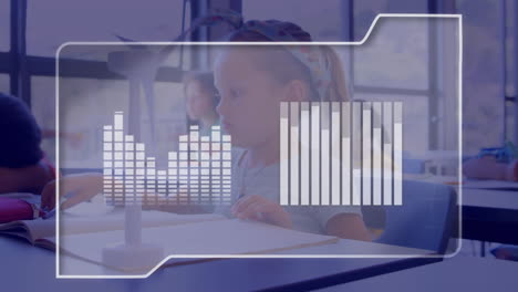 animación de procesamiento de datos en gráficos sobre niña caucásica con molino de viento en clase de escuela primaria