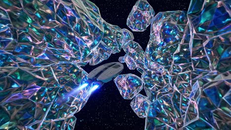 spaceship through crystal tunnel in space