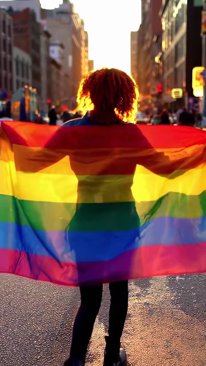 Person Walking Down City Street Holding a Rainbow Pride Flag