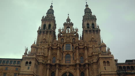 Tilt-Shot-of-Santiago-de-Compostela-Cathedral-in-a-Rainy-Day