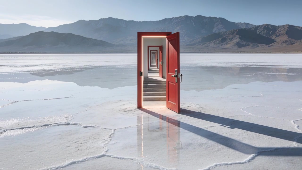 Cámara paneando una puerta roja en un salar, revelando puertas anidadas, manija metálica, reflejos espejados.