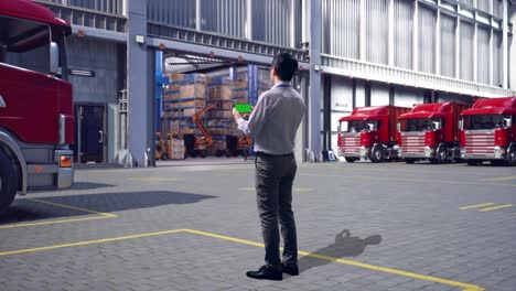 full body back view of an asian male professional worker standing with green screen smartphone, outside of logistics distributions warehouse, industrial facility