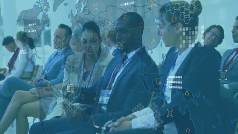 animation of data processing over diverse businesspeople using digital tablet at business conference