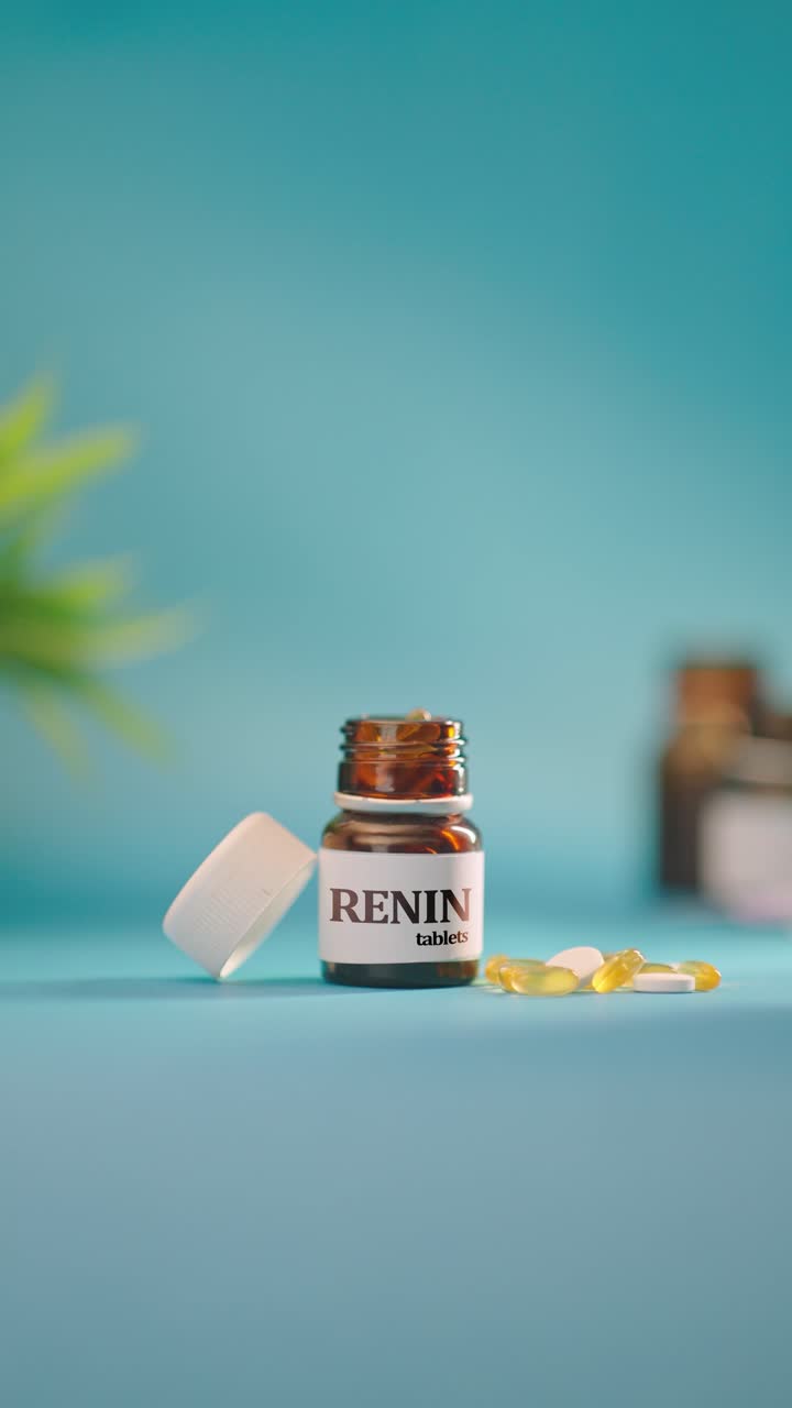 Video verticale di una mano che estrae compresse di renina da un flacone di medicinali.