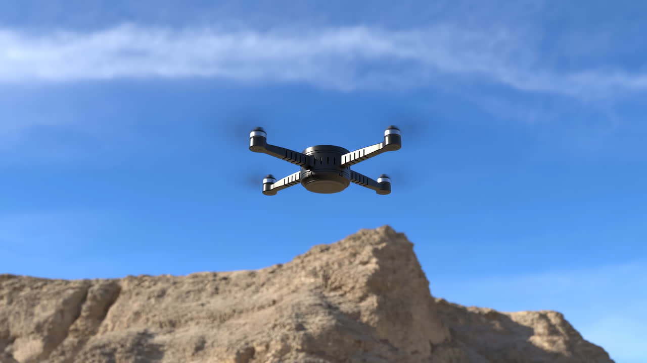 Sort drone svæver over klippefyldt klint, cinematisk luftfoto i 4K, propeller snurrer mod lys blå
