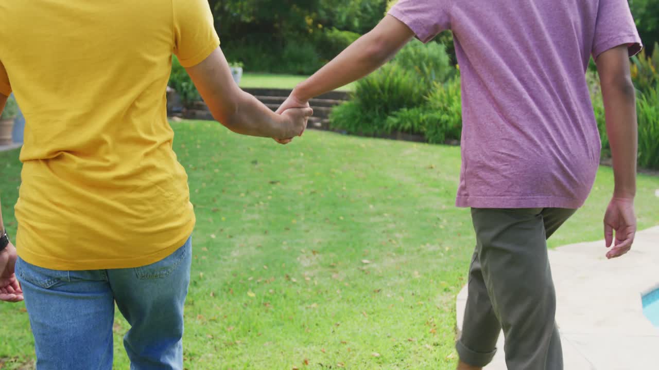 sección media de una pareja masculina gay de raza mixta cogida de la mano caminando en el jardín