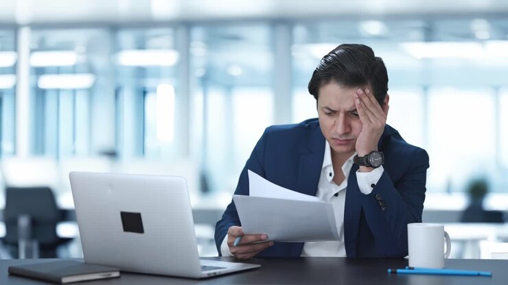 gerente indio tenso leyendo y firmando informes