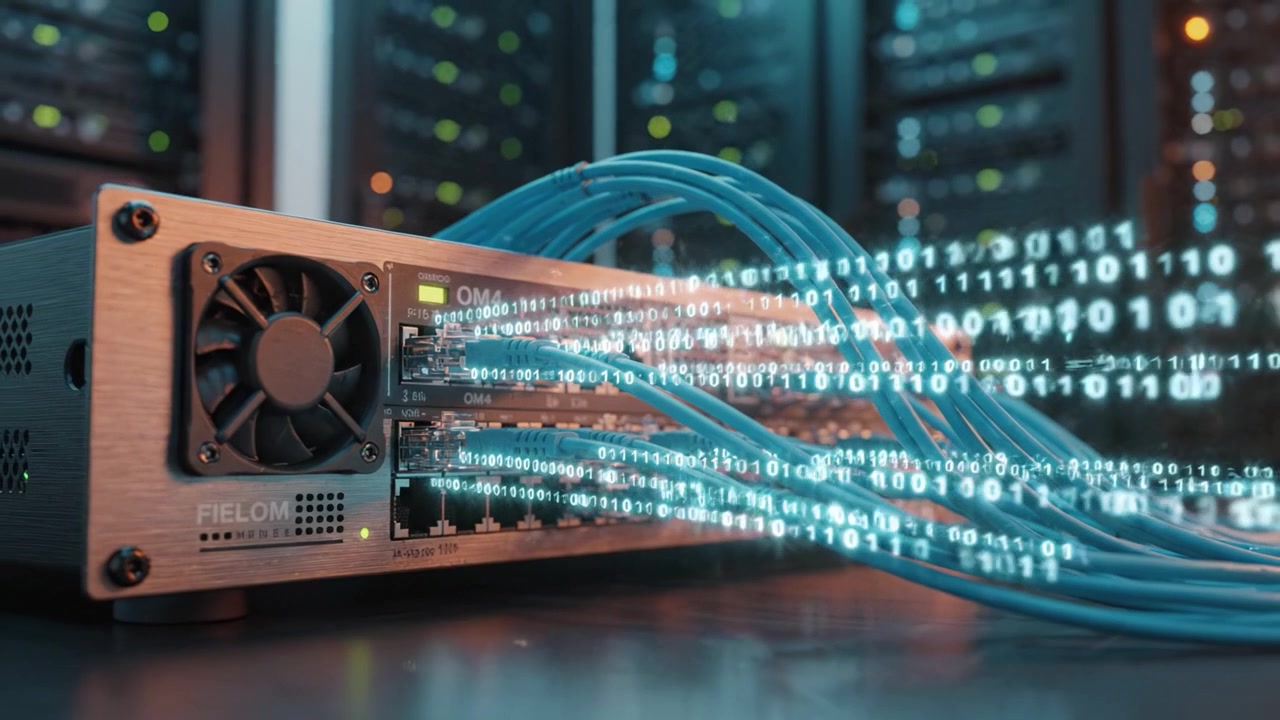 Advanced Data Transmission Equipment with Fiber Optic Cables Streaming Digital Information in a Modern Network Data Center