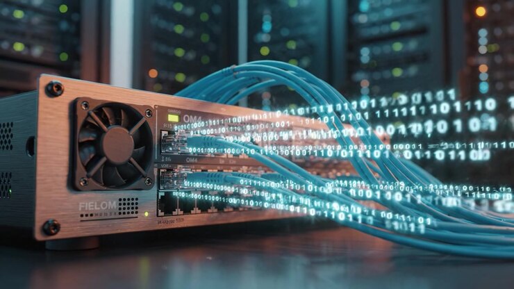 Advanced Data Transmission Equipment with Fiber Optic Cables Streaming Digital Information in a Modern Network Data Center