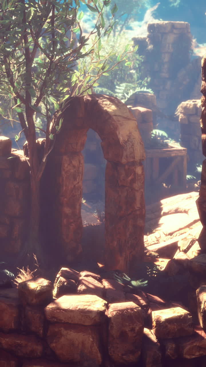 Exploring ancient ruins under soft sunlight in a serene landscape