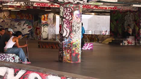 skateboarder doing tricks in graffiti-covered skate park