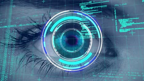 data processing and neon round scanner scanning over close up of female eye