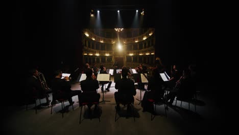 cinematic shot of conductor directing symphony orchestra with performers with medical protective masks playing violins, cello and trumpet on classic theatre