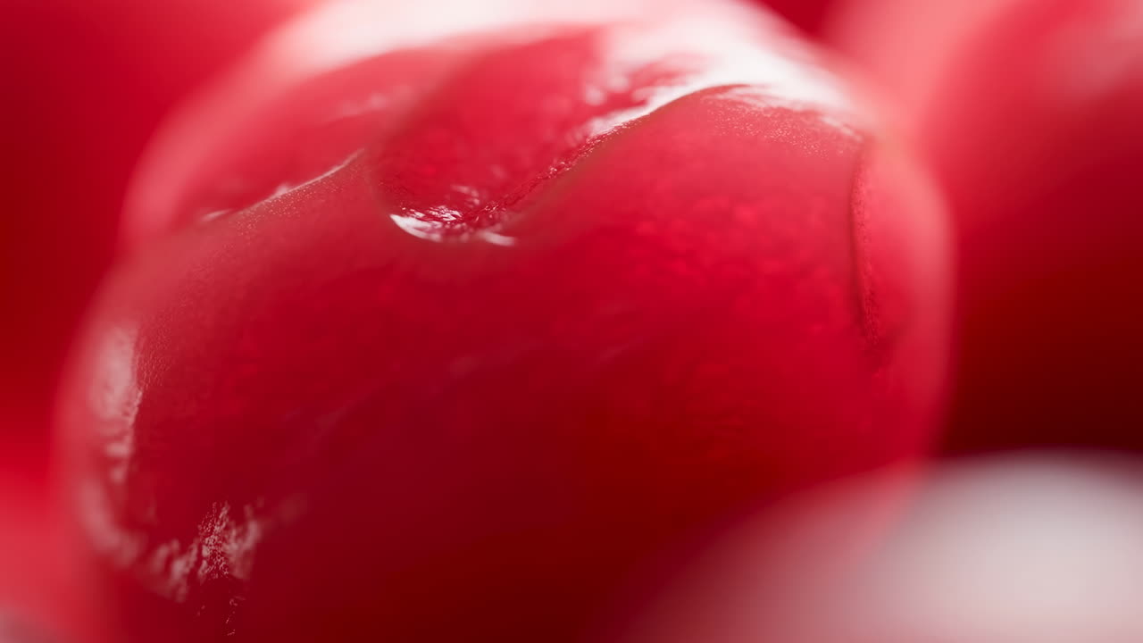 Closeup Glossy Pomegranate Aril Macro, Vibrant Red Seed With Glistening Droplet, Soft Bokeh And Shallow Depth