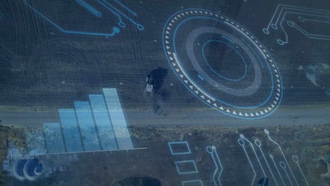 Man walking around vehicle on rural road, activating AR HUD with radar, growing bars for farming