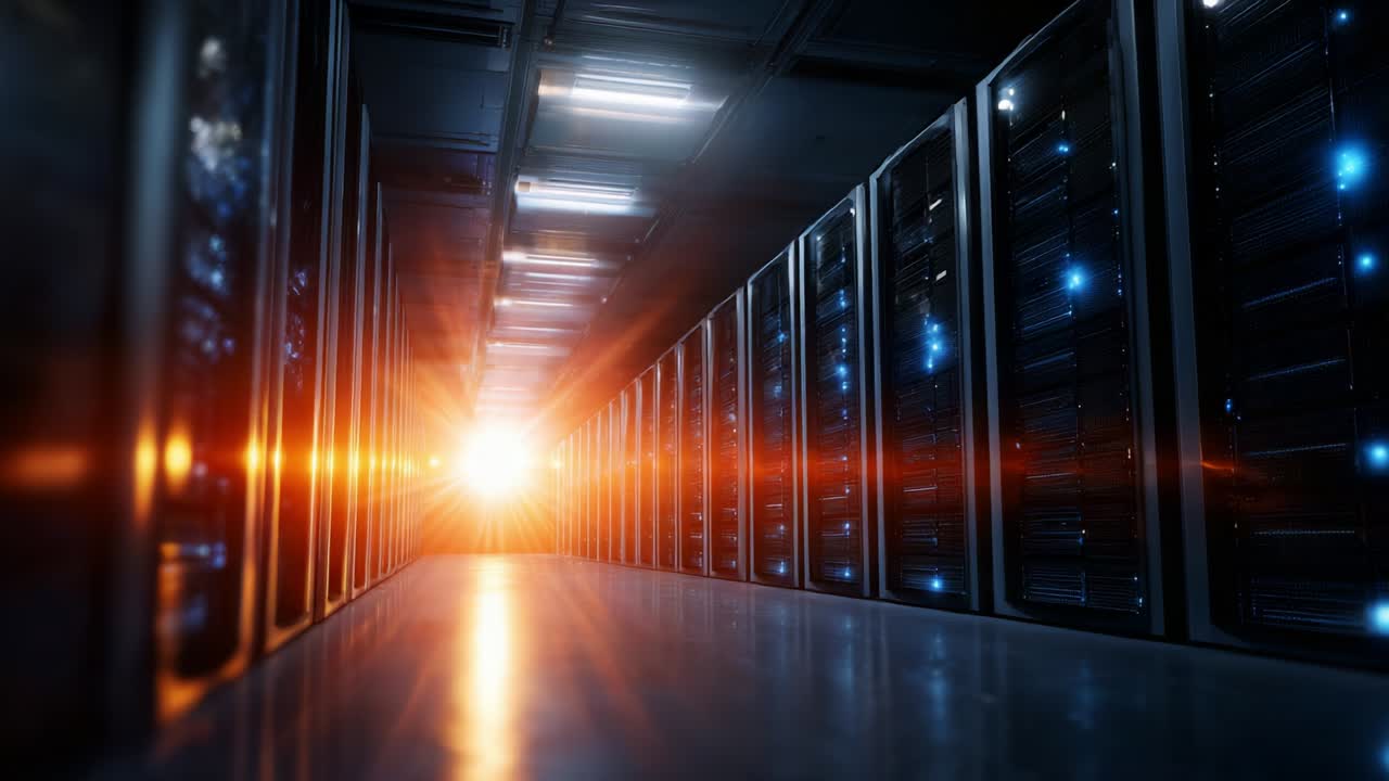 A Stunning Visual of a High-Tech Data Center, Illuminated by the Glowing Light at the End of the Aisle Amidst Rows of Powerful Server Racks, Showcasing the Future of Digital Infrastructure