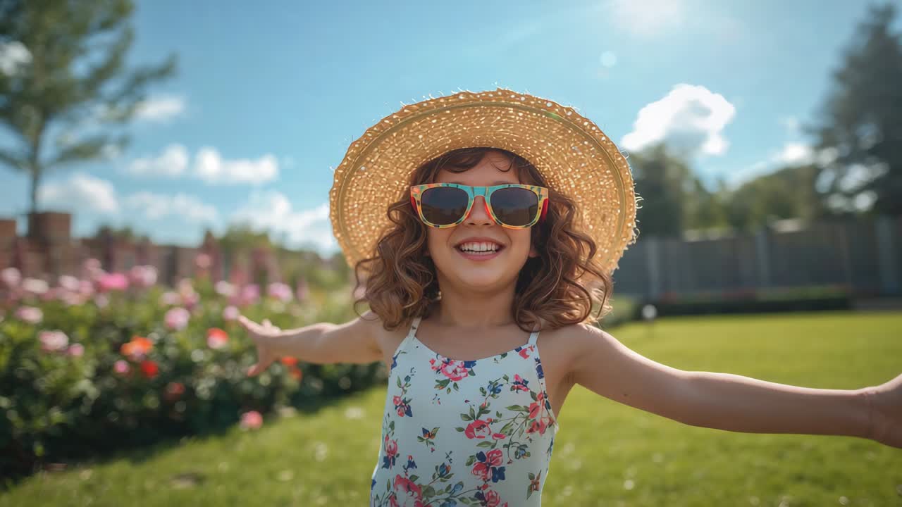 Stepping child in straw hat and sunglasses leaning forward responding to camera zooming in backyard