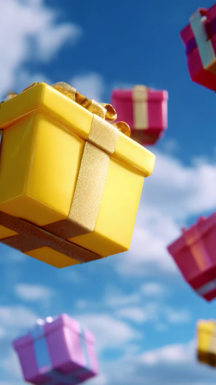 A Celebration of Colorful Gift Boxes in the Sky: A Whimsical Display of Floating Presents Against a Bright Blue Background with Fluffy Clouds, Perfect for Festive Occasions and Joyful Gatherings
