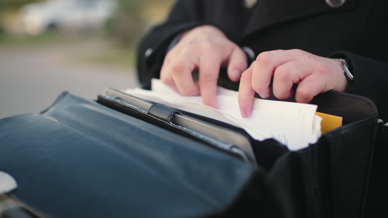 검은색 옷을 입은 개인의 손이 문서를 살펴보고, 빛 효과와 함께 불분명한 움직이는 물체를 특징으로하는 배경