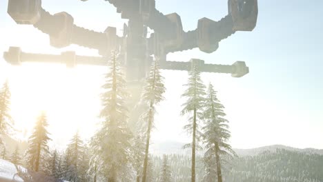 ufo hovering over a forest at sunset with light beam