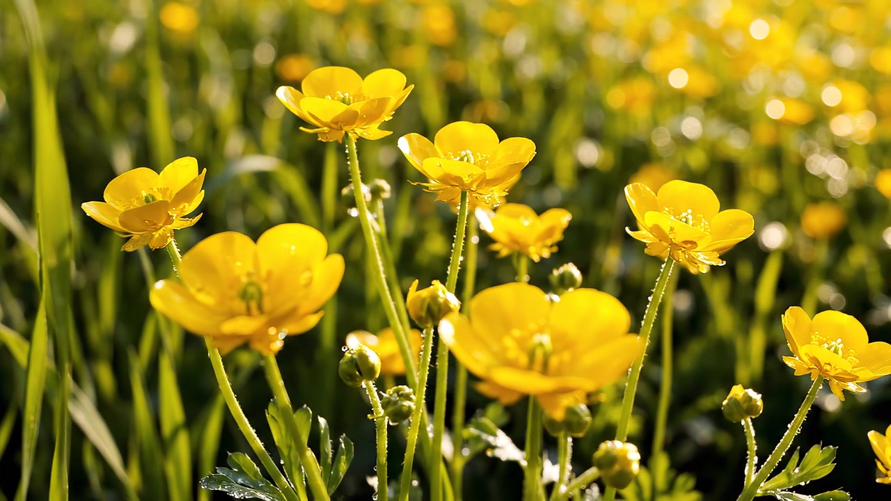 Klare gule smørblomster blomstrende på en solrig forårseng